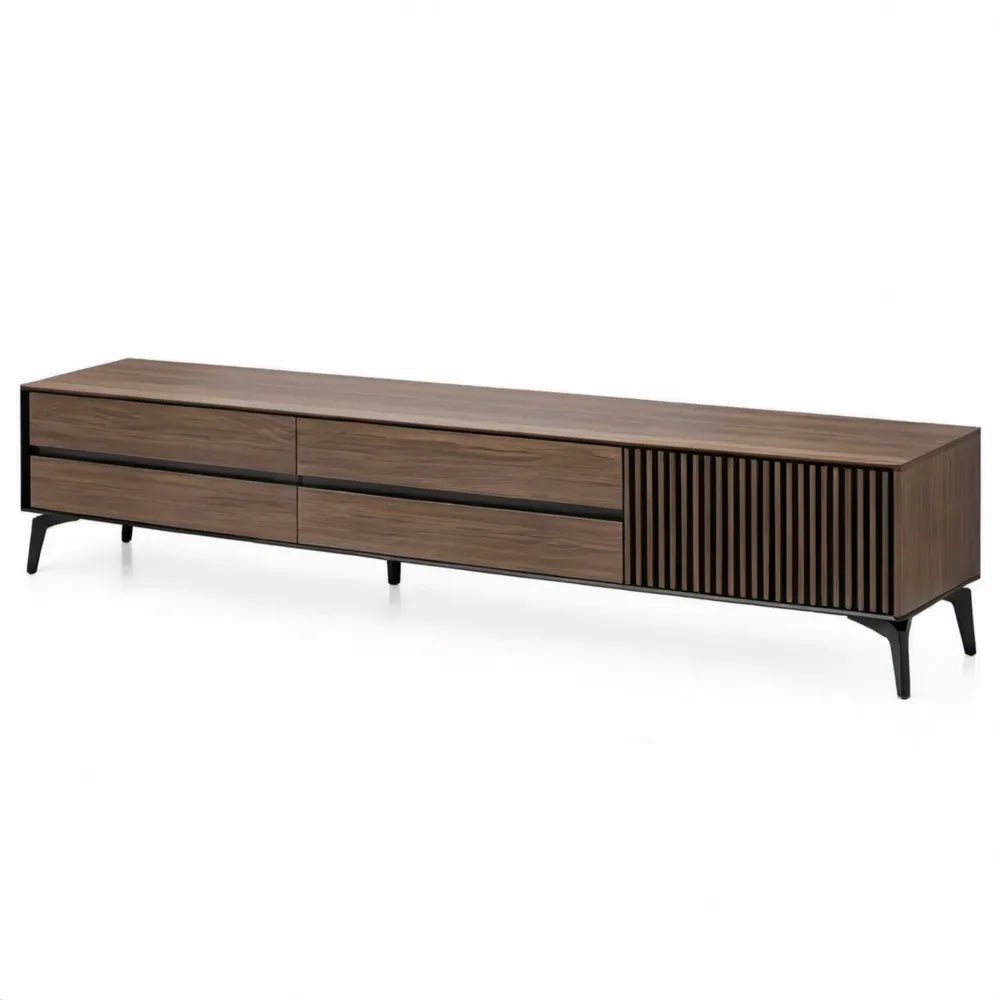 TV-meubel met 4 laden en kastvak, 200 x 40 x 55 cm, donkerbruin/zwart, MDF met notenhoutfineer