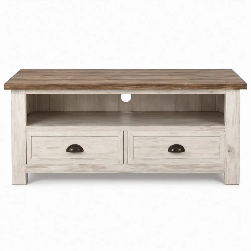 TV-meubel van massief grenenhout met 2 laden en open vak, 120 x 40 x 55 cm, donkerbruin/wit
