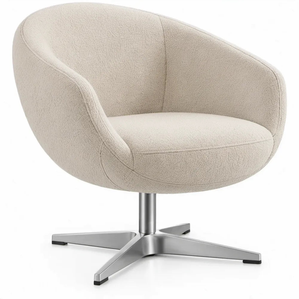Draaibare fauteuil in crèmekleurig bouclé met stalen kruisvoet, 73 x 76 x 78 cm