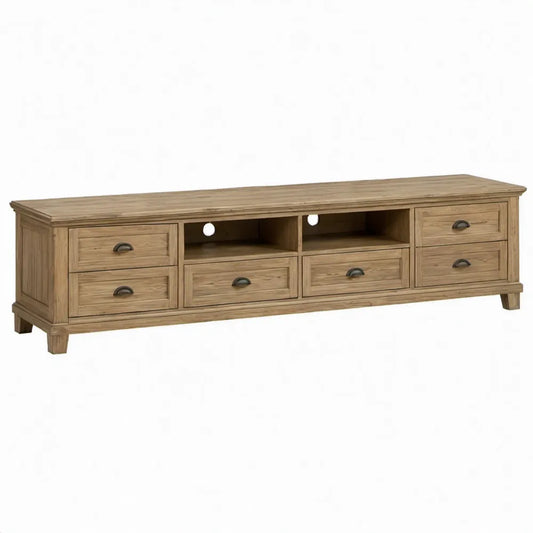 TV-meubel van massief grenenhout met 6 lades en 2 open vakken, 200 x 45 x 60 cm, naturel bruin