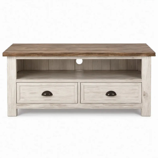 TV-meubel van massief grenenhout met 2 laden en open vak, 120 x 40 x 55 cm, donkerbruin/wit