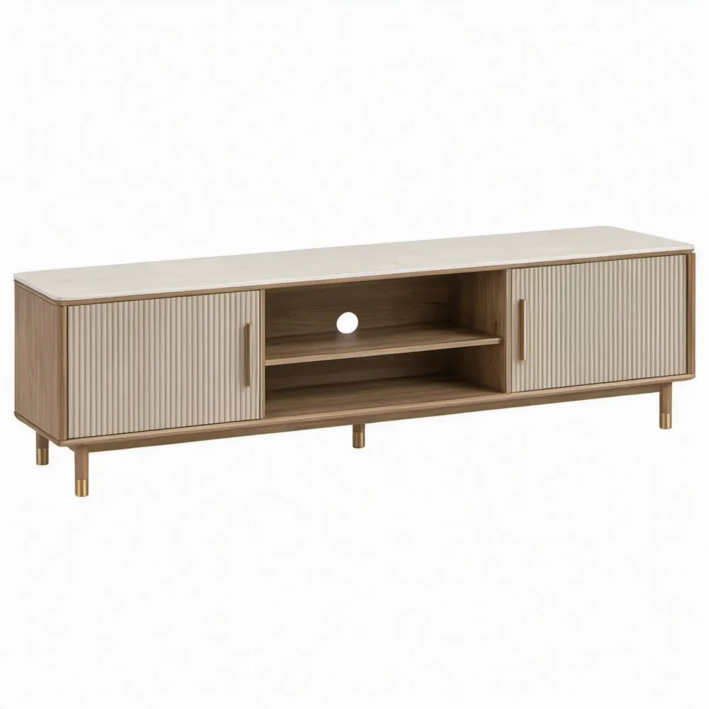 Tv-meubel met 2 geribbelde schuifdeuren, kabeldoorvoer en open vak – 160 x 40 x 55 cm – Beige/Lichtbruin/Goudkleur