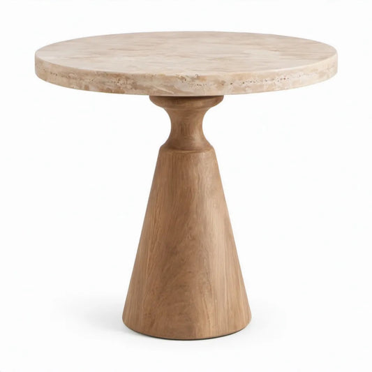 Ronde bijzettafel Ø 60 x H 55 cm van beige travertin en massief mangohout
