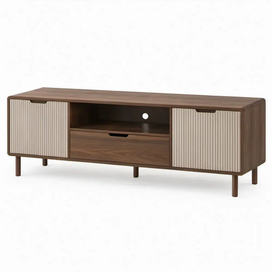 Walnootbruine en beige kast met 2 deuren, lade en open vak - 180 x 40 x 60 cm
