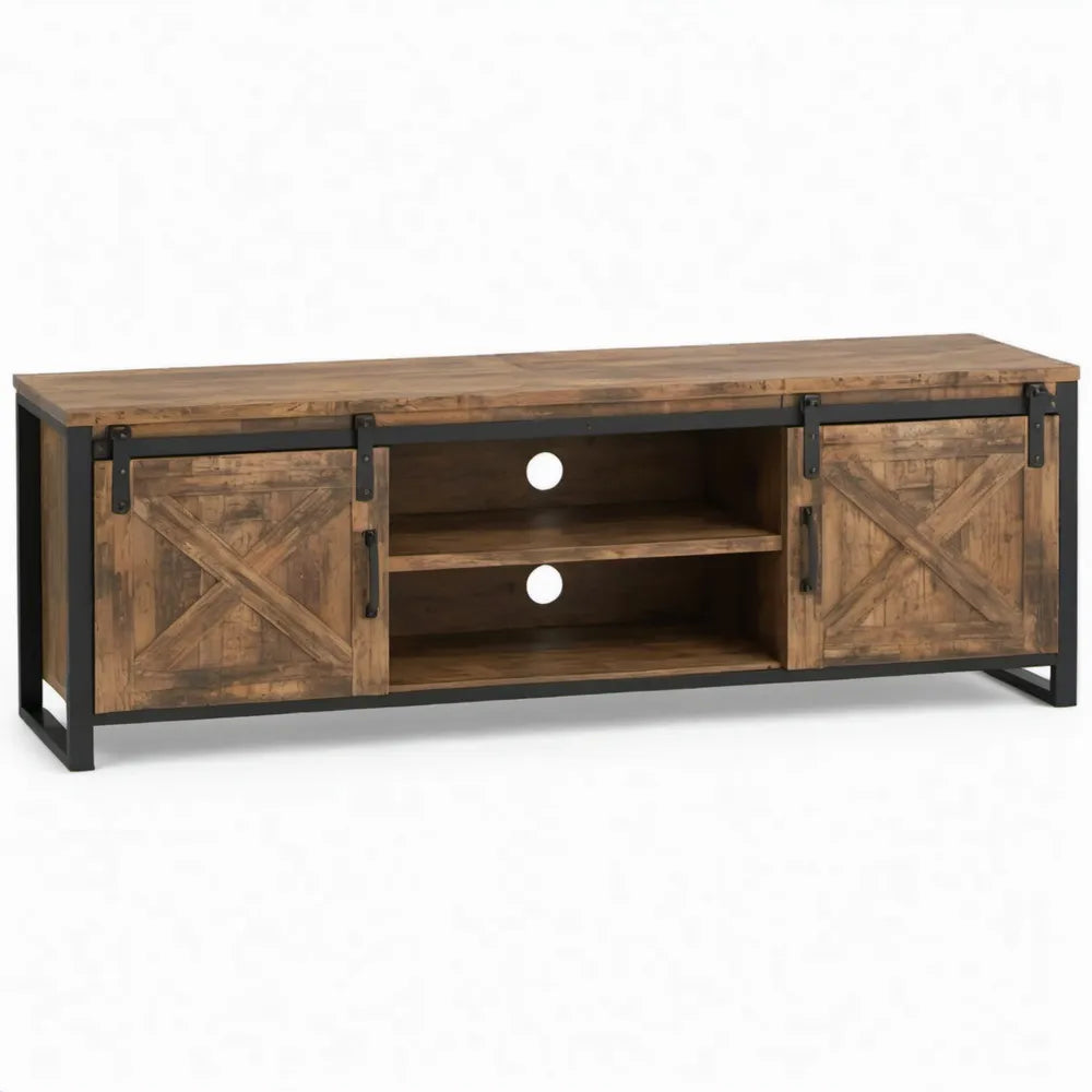 TV-meubel met 2 schuifdeuren van massief mangohout en zwart staal, 140 x 40 x 60 cm, Bruin/Zwart