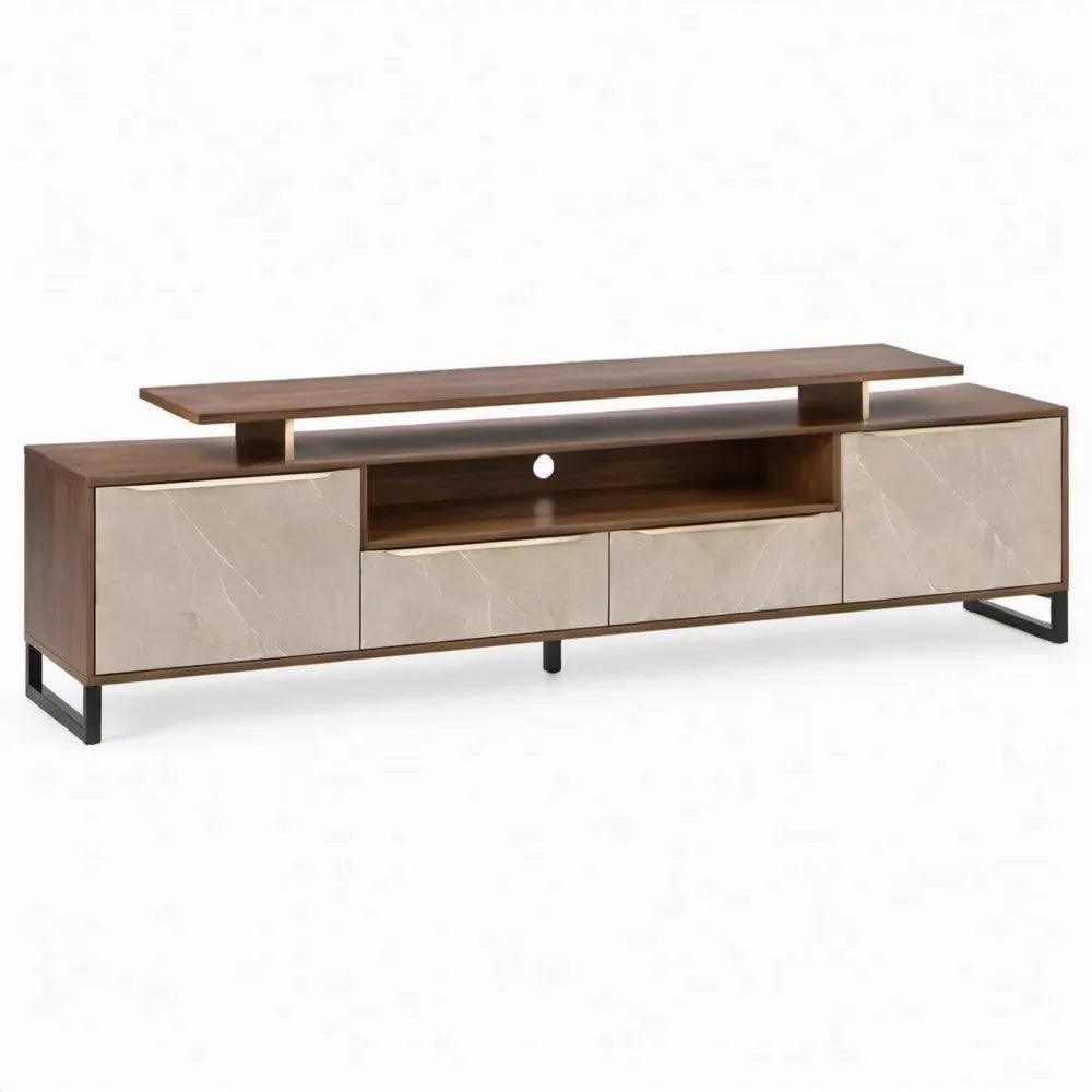TV-meubel 180 x 40 x 60 cm met 3 lades, 2 deuren en verhoogd blad - Walnootbruin/Beige/Zwart