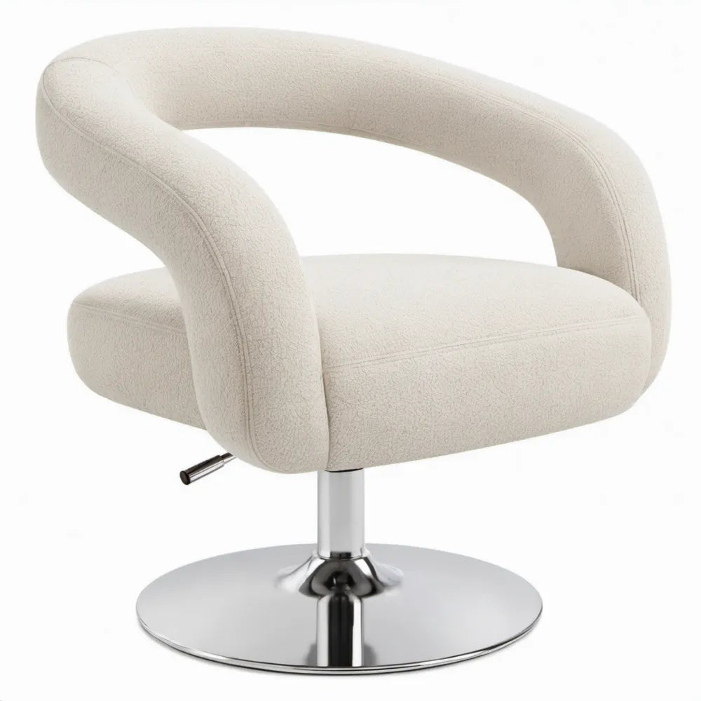Draaibare loungestoel met verstelbare zithoogte in crèmekleurig bouclé en chroom, 68 x 65 x 76-88 cm