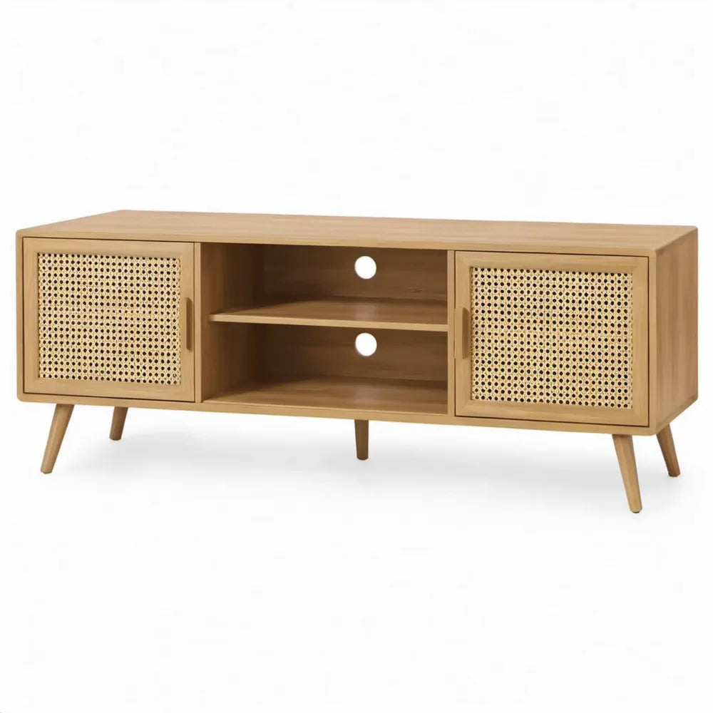 TV-meubel van massief mangohout met rotan deuren, 140 x 40 x 60 cm, Naturel