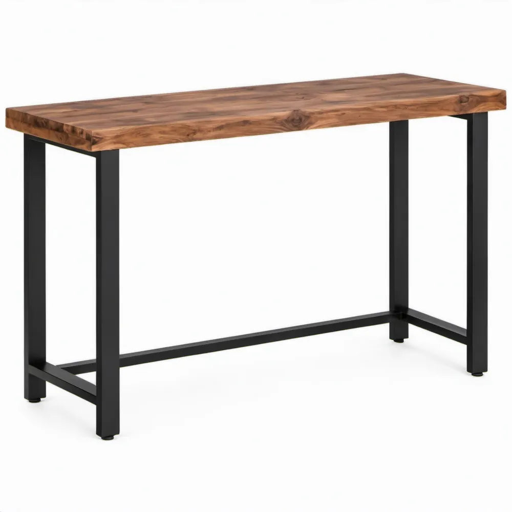 Rechthoekige bartafel van massief acaciahout en zwart staal, 120 x 60 x 110 cm