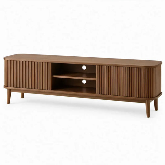 Walnootbruin meubel met 2 geribbelde deuren en open vakken, 160 x 40 x 55 cm