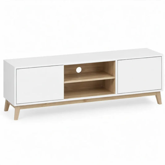 TV-meubel met 2 deuren en 2 open vakken, 140 x 40 x 50 cm, wit en eikenkleurig