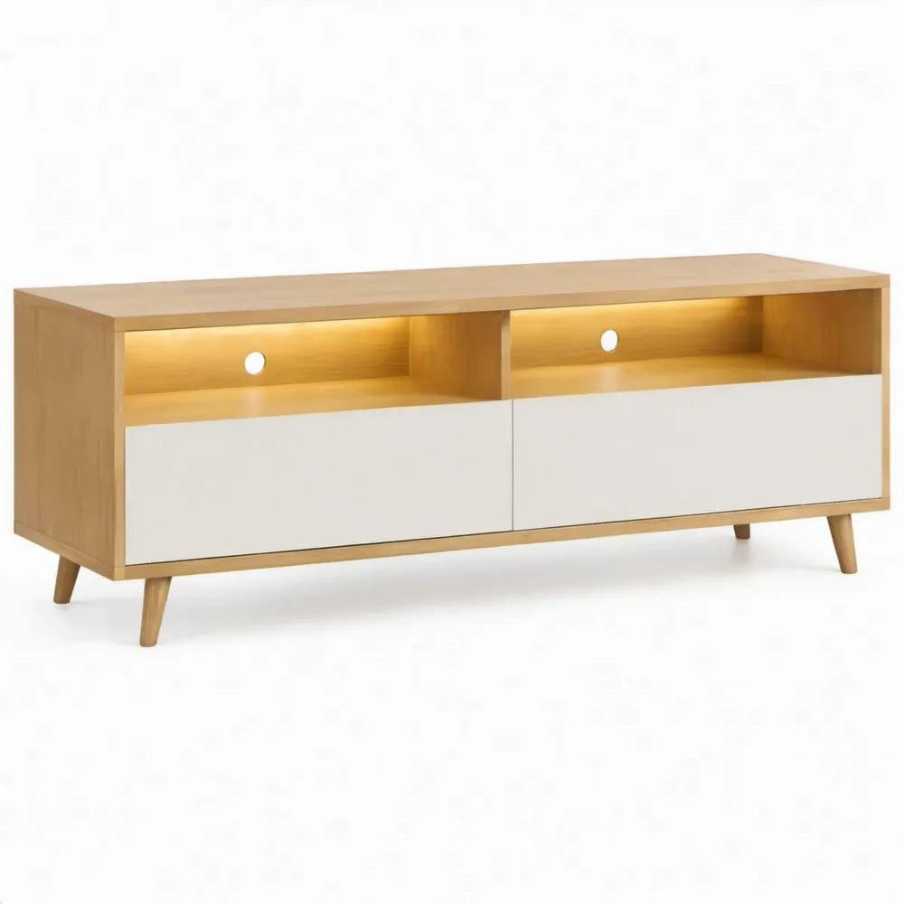 TV-meubel met 2 lades, 2 open vakken en warmwitte ledverlichting, 140 x 40 x 55 cm, wit en naturel licht eiken