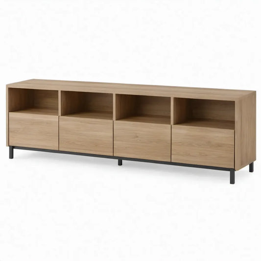 TV-meubel 180 x 40 x 60 cm in eikenkleur met zwart stalen onderstel, 4 deuren en 4 open vakken