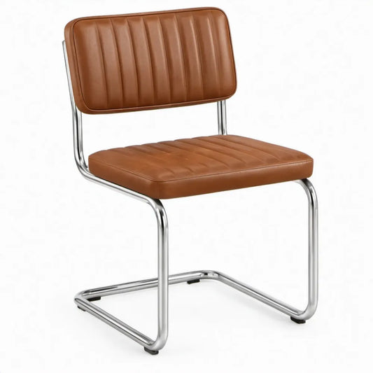 Cognac PU-kunstleren stoel met verchroomd sledeframe, 48 x 55 x 80 cm